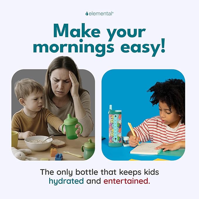 Elemental Iconic Kids Water Bottle for School - 100% Leak-Proof Insulated Water Bottles with Straw Lid & Pop-It Handle for Boys & Girls - Triple-Wall Insulated & BPA-Free, 14oz – Graffiti Smile