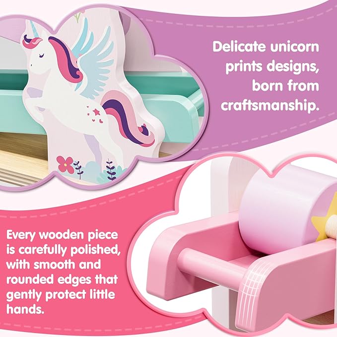 Lehoo Castle Wooden Car Ramp Toys for 1 Year Old Girl Birthday Gifts, Unicorn Montessori Toys for One Year Old, Wooden Race Track with 4 Rollers Toddler Toys for 2 Year Old Girl