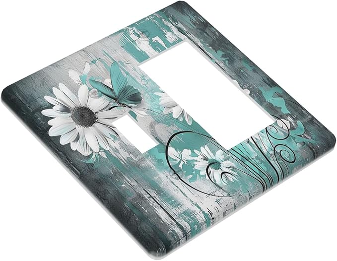 Outlet Covers Teal Daisy Floral Vintage Wood Plank 1 Toggle 1 Rocker Combination Decorative Wall Plate Electrical Switch Plates Light Switch Cover Plate For Farmhouse Cabin Decor