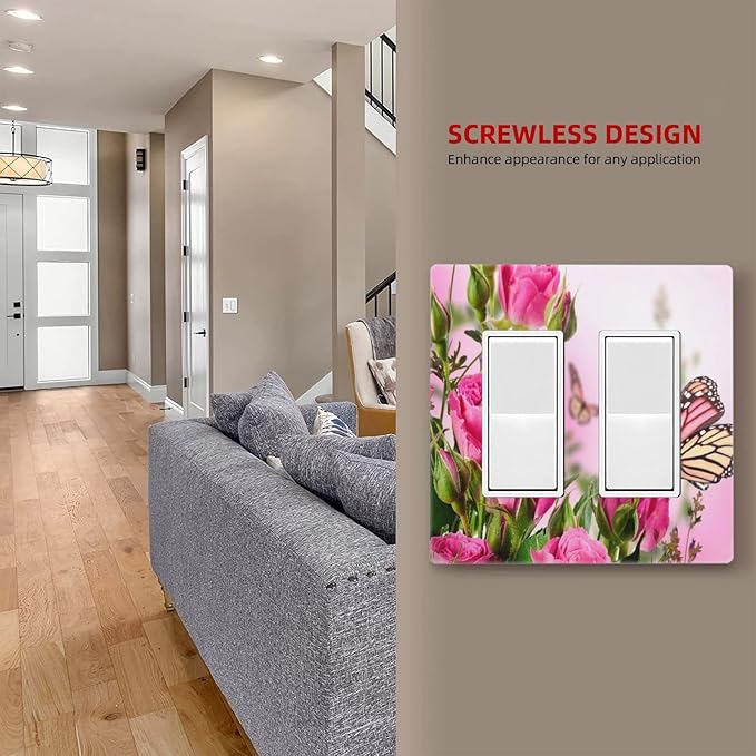 Pink Flower Butterfly 2 Gang Double Rocker/Decor Light Switch Cover Decorative Outlet Wall Plate Electrical Faceplate Spring Floral Plant Pink Green Home Bedroom Art Panel Decor Screwless 4.7" x 4.6