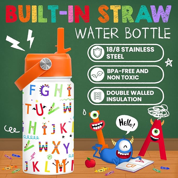 SANDJEST Kids Water Bottle with Straw Lid - 12 Oz Alphabet Insulated Stainless Steel Water Bottles for Kid Girl Boys - Travel Cup for School Sports