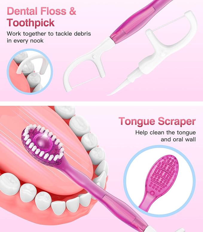 12 Pack 5 in 1 Disposable Mini Toothbrushes with Toothpaste, Floss, Pick & Tongue Scraper, Individually Wrapped, Portable Toothbrush Travel Set for Kids Adults, Sakura Flavor