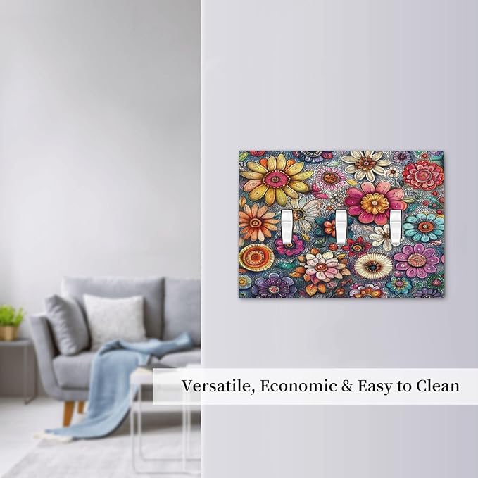 Decorative Switch Plates Colorful Rainbow Pointillisme Flower 3 Gang Wall Plate Triple Toggle Light Switch Cover Faceplate Electrical Wall Panels For Bed Room Home Decor