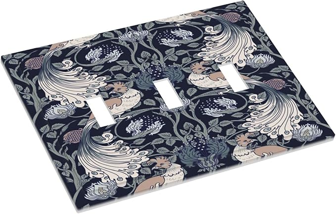 William Morris Vintage Floral Birds Peacocks 3 Gang Light Switch Covers Triple Toggle Wall Plate Decorative Switchplate Electrical Faceplate for Country Bathroom Bedroom Decor
