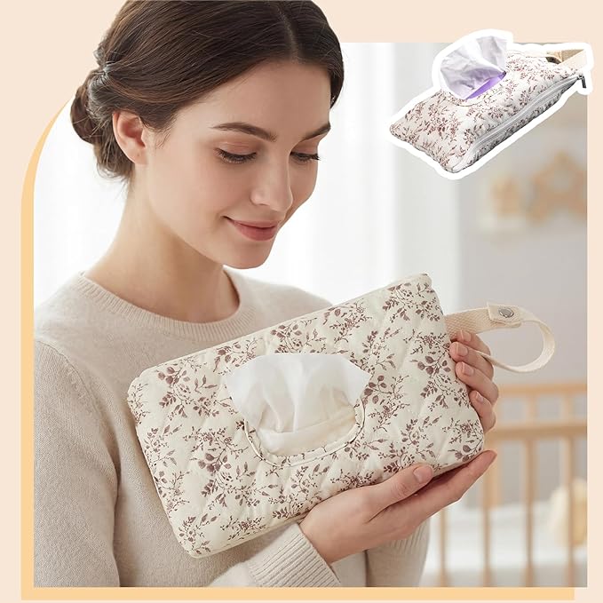 1 Pcs Quilted Diaper and Wipes Pouch Portable Hanging Floral Wet Wipe Bag Diaper Bag Reusable Wipes Pouch for for Stroller Car Travel Infant Diapering Organizer (Beige Floral)