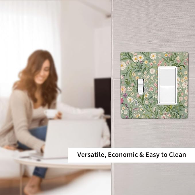 Decorative Toggle Switch Cover Plate with Vintage Wildflowers & Daisies Design 1/2-Gang Standard Toggle Wall Plate Light Green Outlet Cover Kitchen/Bedroom