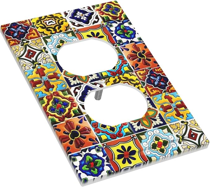 Colorful Mosaic Moroccan Mexican Bohemian Boho Talavera Style Ceramic Tile 1 Gang Duplex Wall Plate Electrical Receptacle Outlet Cover Decorative Dual Device Mid Size Light Switch Plug Face Plate