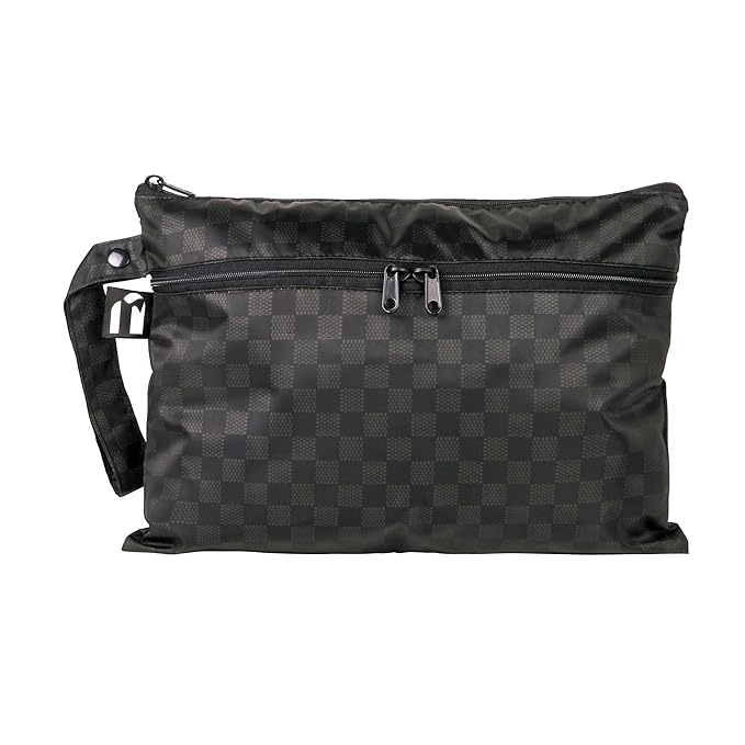 Bumkins Roamio Waterproof Wet Dry Clutch Bag for Baby, Travel, Swim Suits, Cloth Diapers, Pump Parts, Pool, Gym Clothes, Toiletry, Hook to Stroller, Pack for Daycare, Zip Bag Pouch, Black Check