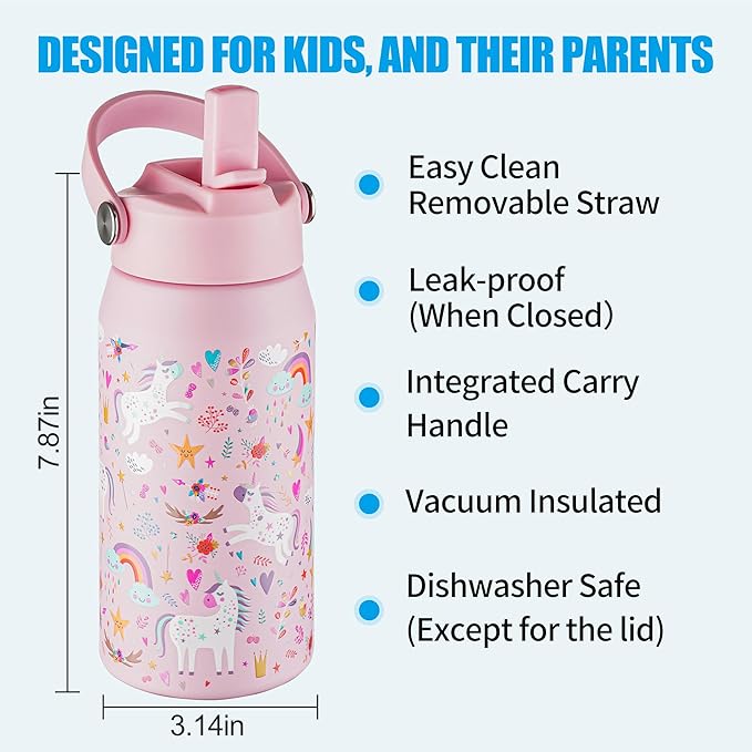OLDLEY kids Water Bottle - 18oz Insulated Stainless Steel - Wide Straw Lid, Non Spill, Leakproof, Kids Water Bottle for School,Unicorn