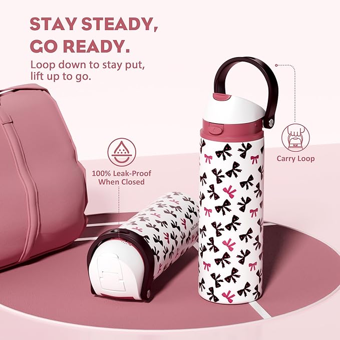 POWCAN 24 oz Insulated Water Bottle with Straw: 2-in-1 Push-Button Spout & Quick-Flip Straw, Leakproof, Cold 24Hrs, Fits Car Cup Holder, Stainless Sports Bottle for Gym, Travel Gift (Pretty in Bows)