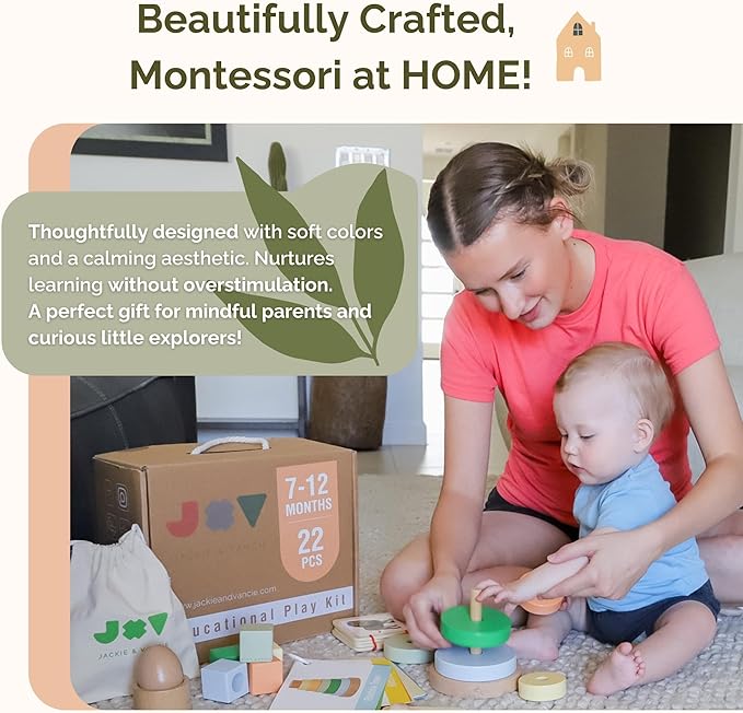 Jackie & Vancie Montessori Toy Set for Babies 7-12 Months Play Kit 6-in-1 Wooden Learning Toys with Object Permanence Box, Ring Stacker, Egg & Cup, Multipurpose Blocks and Mirror Puzzle