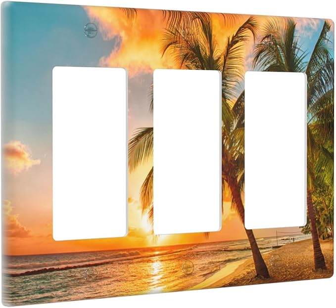 Light Switch Cover Sunset Beach Palm Tree Seascape 3 Gang Wall Plate Triple Light Switch Plate Tropical scenery Rocker GFCI Outlet Covers Decorative Receptacle Cover for Bathroom Home Decor