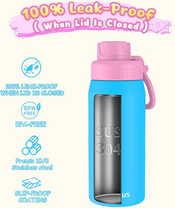 GOPPUS 19oz Kids Water Bottle with Spout Lid, Toddler Water Bottle, Stainless Steel Insulated Water Bottle, Leakproof, BPA Free, Suitable for Boys and Girls for School（Sky Blue）