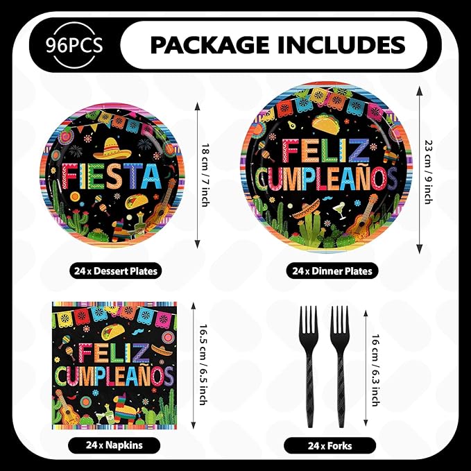 96Pcs Fiesta Birthday Party Decorations Mexican Feliz Cumpleaños Plates and Napkins Cinco De Mayo Party Decorations for Baby Shower Mexico Taco Carnival Birthday Party Supplies Serves 24