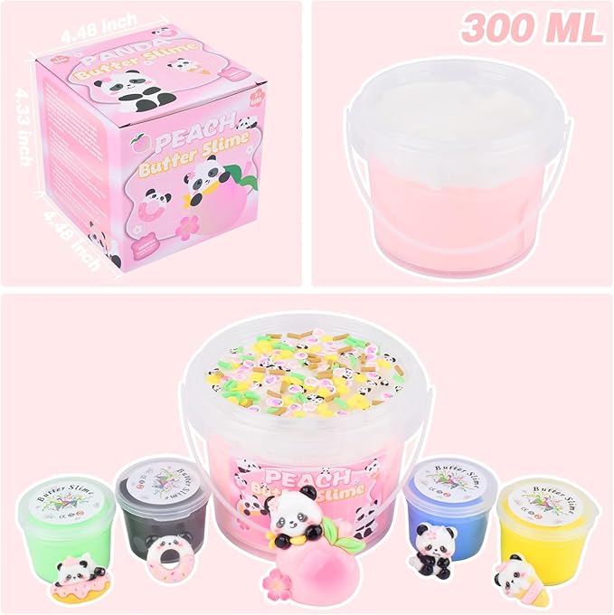 Pink Peach Butter Slime Kit, with Fun Panda Slime Add Ins, Soft Non-Sticky, Scented Slime Kit for Kids, Birthday Gifts for Boys & Girls, Classroom Rewards, DIY Stress Relief Toy (300 ml)