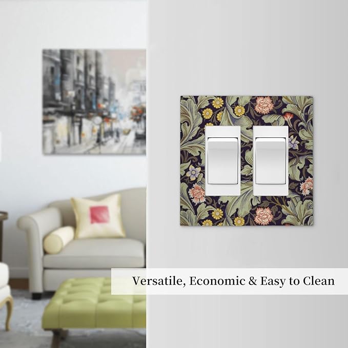 Boho William Morris Floral Green Leaves Flower Decorative Outlet Covers 2 Gang Double GFCI Rocker Electrical Wall Panels Light Switch Cover Plate for Farmhouse Home Decor