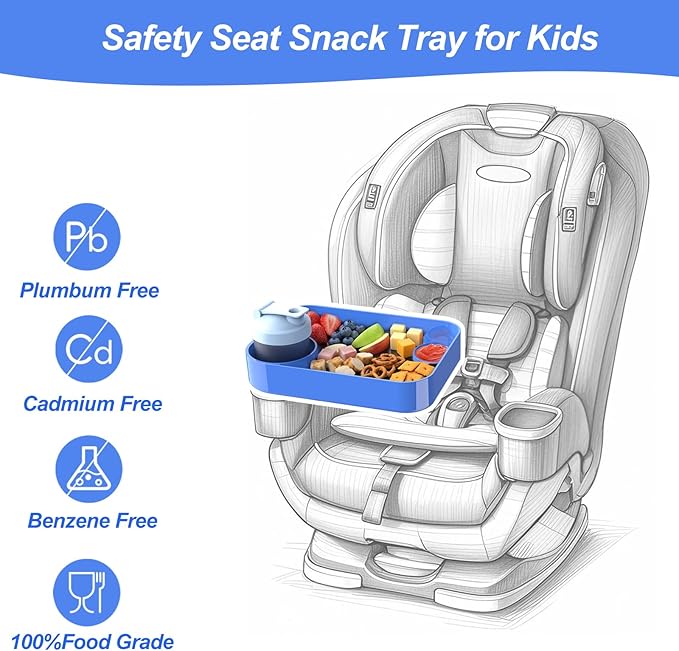 Car Seat Snack Tray for Kids, Mess-Free Square Travel Tray Cup Holder Snack Tray, Durable Car Food Tray for Toddlers, Universal Fit Kids Travel Road Trip Essentials (blue)