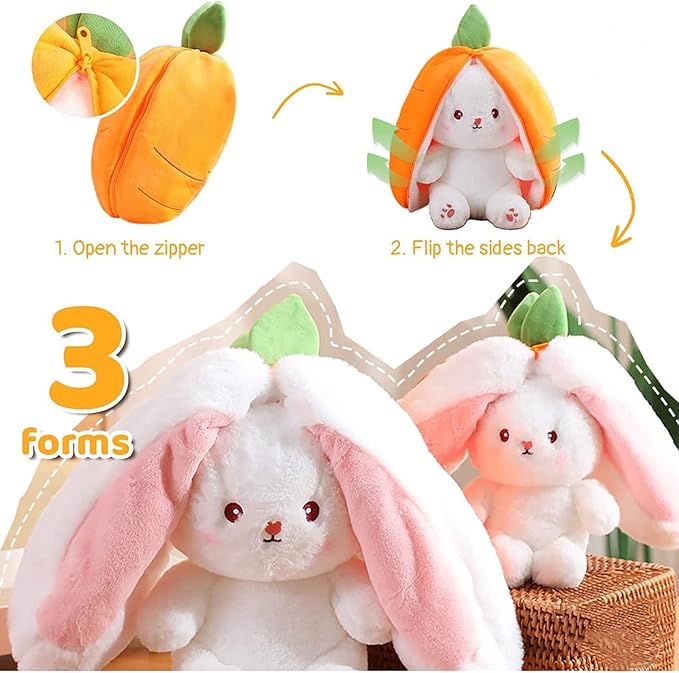 Bunny Plush Doll Toy Pillow, Reversible Carrot Strawberry Bunny Stuffed Animal with Zipper, Cute Rabbit Decoration for Kids & Adult Birthday Party Gift (1pcs 7" Strawberry)