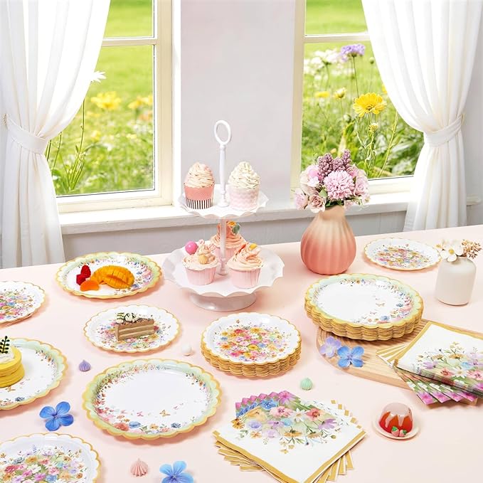 WERNNSAI Wildflower Party Decorations - 48PCS Floral Plates and Napkins Wildflower Tableware Set Spring Floral Party Supplies for Kids Girls Birthday Baby Shower Picnic Wedding Serves 16 Guests