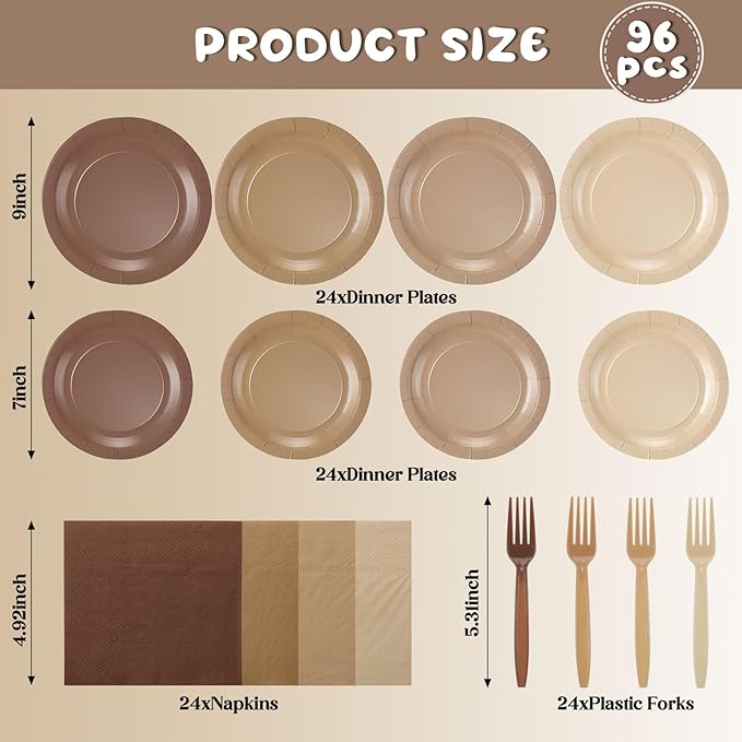 FoldTier 96 Pcs Brown Gradient Disposable Party Plate Set for 24 Guests 9" & 7" Neutral Paper Plate Cocktail Napkin Plastic Forks Boho Dinnerware for Birthday Farmhouse Wedding Baby Shower Tea Party