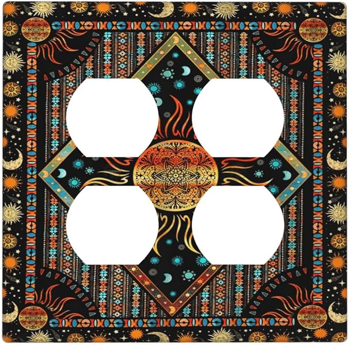 Decorative Outlet Covers Boho Burning Sun Moon Hippie Retro Bohemian Gypsy 2 Gang Wall Plate Single Toggle 1 Rocker Light Switch Cover Switch Plate Covers Faceplate for Home Decor