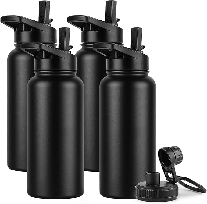 DOMICARE 32 oz Insulated Water Bottle Bulk, Vacuum Insulated Stainless Steel Sports Water Bottle with Straw Lid & Spout Lid, Leakproof, Reusable - Travel, Camping, Bike, Black (4 Pack)