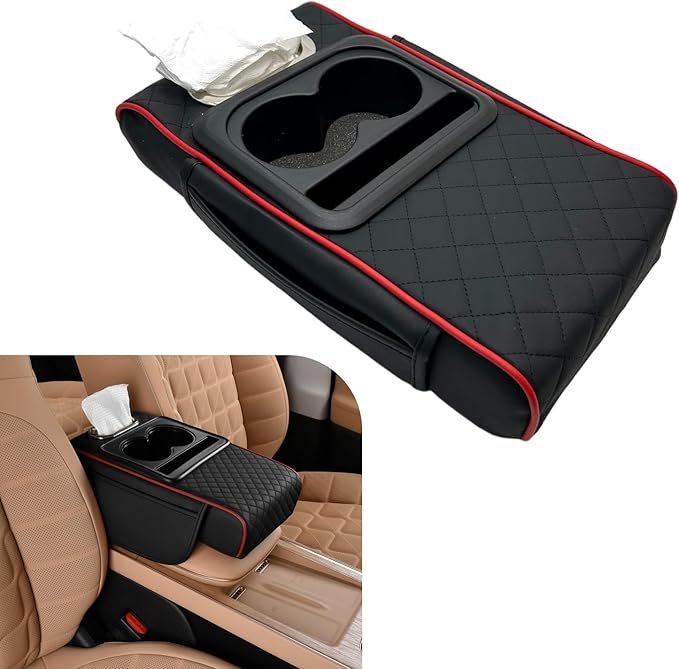 Car Center Console Cover, Upgrade 5-in-1 Genuine Leather Thickened Armrest Box, Armrest Storage Box with Cup, Universal Car Accessories Interior Organizers, for Most Cars (Black & Red)