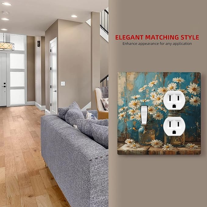 Delicate White Daisy Jars Retro Wood Background Wallplates 1 Toggle 1 Duplex Switch Plate Electrical GFCI Faceplate Decorative Light Switch Covers for Farmhouse Home Decor