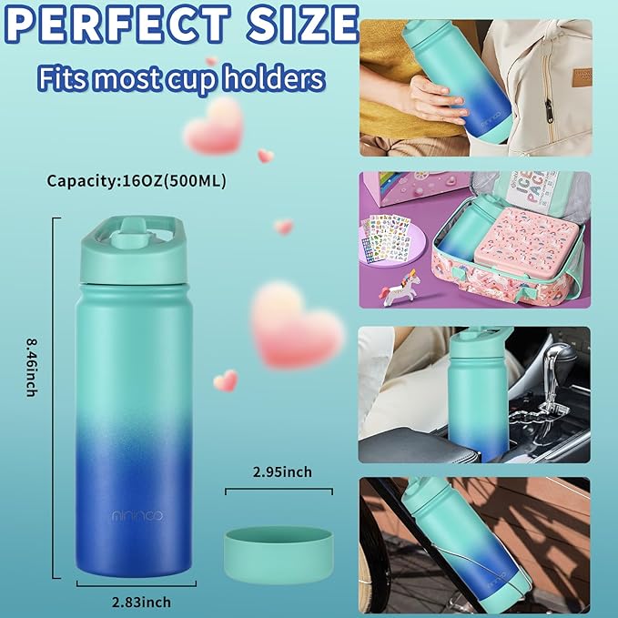 Mininoo Girls Water Bottle for School, 16oz Stainless Steel Insulated Metal Water Bottle with Straw Lid for Boys (Purple/Sky)
