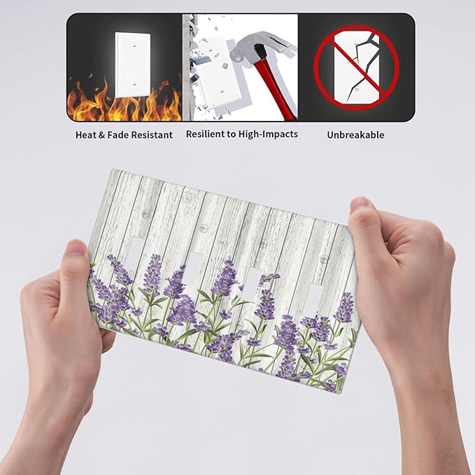 Rustic Wooden Plank Lavender 4 Gang Wall Plate Quad Toggle Light Switch Cover Decorative Outlet Covers Electrical Light Switches Faceplate for Bedroom Bathroom Kitchen Decor