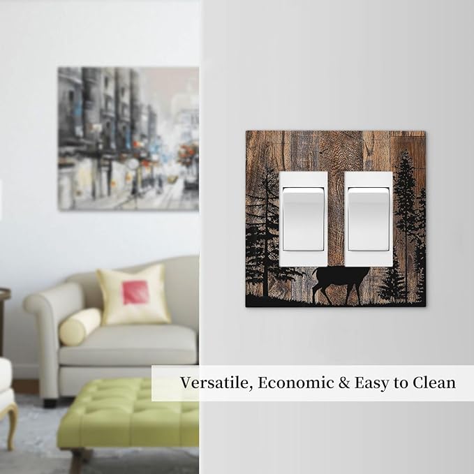 Decorative Outlet Covers Rustic Forest Antler Elk Deer Silhouettes Animals Wood Grain 2 Gang Double GFCI Rocker Electrical Wall Panels Light Switch Cover Plate for Farmhouse Home Decor