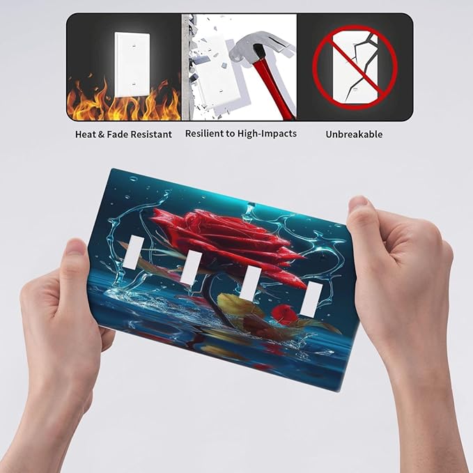Red Rose Blue Water Drips Quad Toggle Light Switch Cover Decorative 4 Gang Wall Plate Covers Electrical Faceplate Switchplate for Kidroom Bathroom Bedroom Living Room Decor