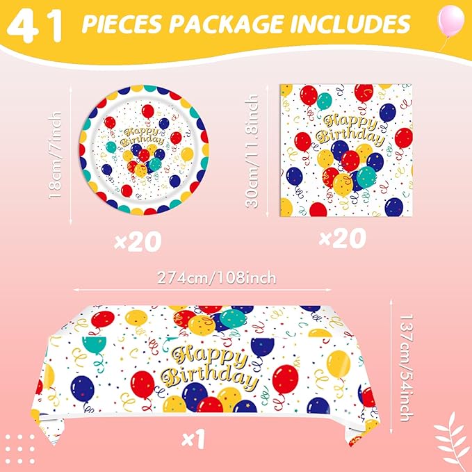 41Pcs Birthday Party Decorations Happy Birthday Colorful Balloons Disposable Paper Plates Napkins Tablecloth for Kid's Birthday Party Baby Shower Rainbow Multicolor Balloons Decor Supplies