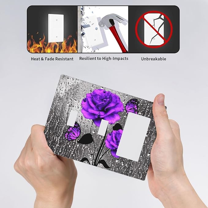 Cute Pretty Purple Gray Flowers Romantic 3-Gang Combination Double Toggle/Single Decorator Outlet Wall Plate Rose Blossom Butterfly Electric Decorative 2-Toggle 1-Rocker/GFCI Combo Light Switch Cover