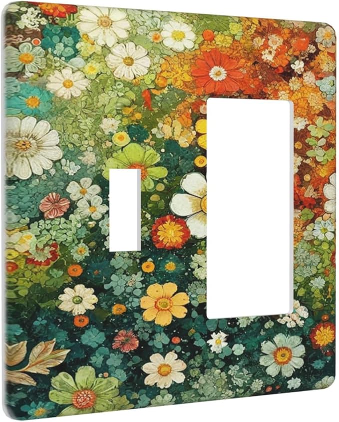 Light Switch Cover Plate Colorful Flowers Green Plants Meadow Floral 2 Gang Combo Wall Plates Toggle Rocker Decorative Switch Plates and Outlet Covers for Bathroom Bedroom Decor