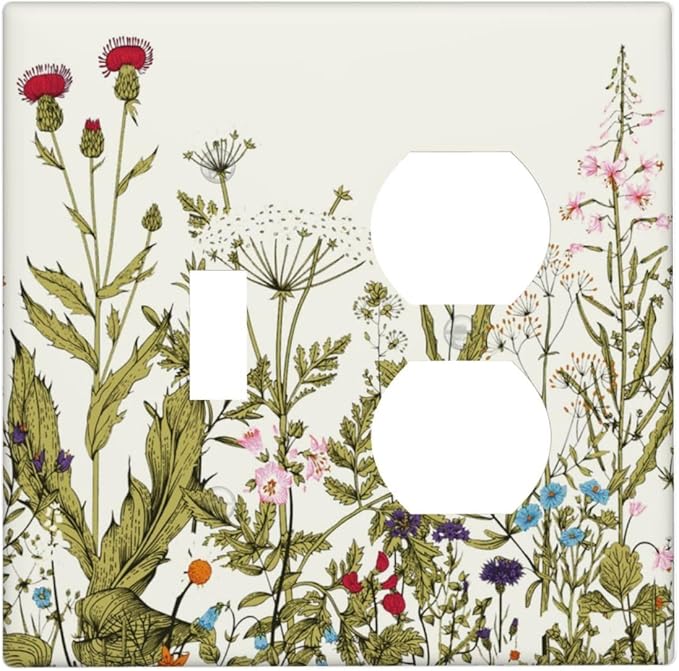 Country Spring Wildflower Floral 2 Gang Combo Device 1-Toggle 1-Duplex Outlet Light Switch Cover Colorful Vintage Flowers Blossom Nature Combination Single Toggle/Receptacle Outlet Wall Plate Covers