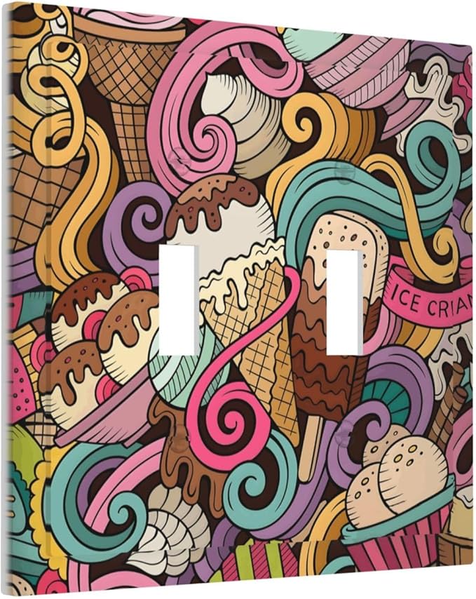 Cartoon Hand Drawn Ice Cream Doodles Colorful Print Decorative Switch Plates 2 Gang Double Toggle Outlet Light Switch Cover Wall Plate Electrical Faceplate for Kids Room Nursery Decor