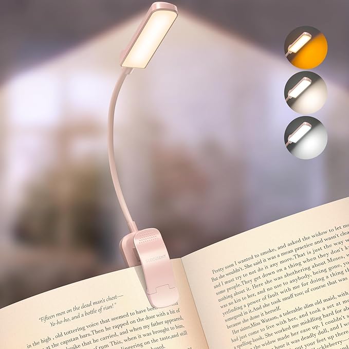 Glocusent 13 LEDs Book Lights for Reading at Night, 120 Hrs Runtime Rechargeable Reading Light, Eye Caring 3 Colors & 5 Stepless Dimming Brightness 3–60LM, Flexible Clip on Light for Book Lovers Kids