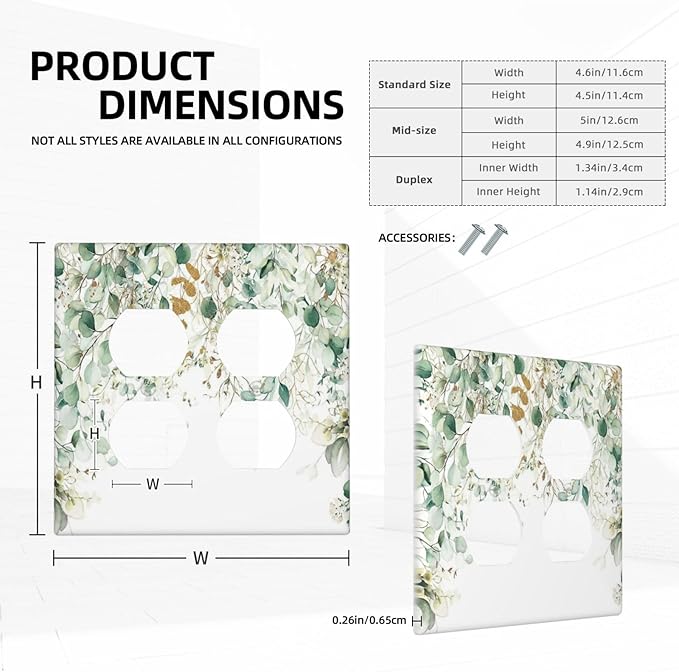 Gold Green Eucalyptus Leaves Plants Flowers Floral Outlet Covers 2 Gang Double Duplex Decorative Light Switch Covers Electrical Wallplates Socket Faceplate for Bedroom Living Room Decor