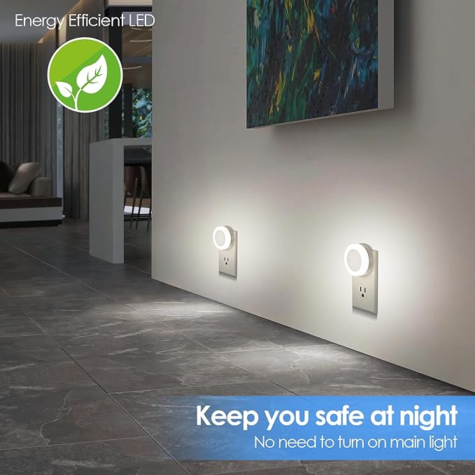 FOLKSMATE LED Night Light, Dimmable Plug-in Dusk to Dawn Light Sensor Nightlight for Bathroom, Bedroom, Adults & Kids Room, Kitchen, Stairway, Nursery, Daylight White, 2- Pack
