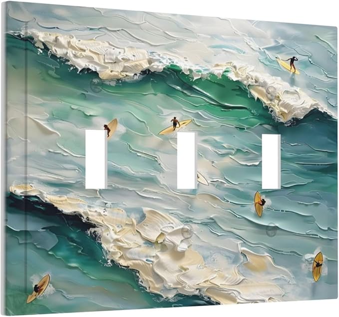 Beach Waves Ocean Surfing Hoverboard Painting Print Decorative Switch Plates 3 Gang Wall Plate Triple Toggle Light Switch Cover Faceplate Electrical Wall Panels for Bedroom Living Room Decor