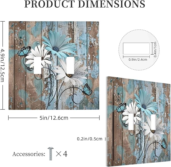 Decorative Switch Plates Rustic Flower Teal Turquoise Daisy Butterfly 2 Gang Double Toggle Outlet Light Switch Cover Wall Plate Electrical Faceplate For Farmhouse Cabin Decor