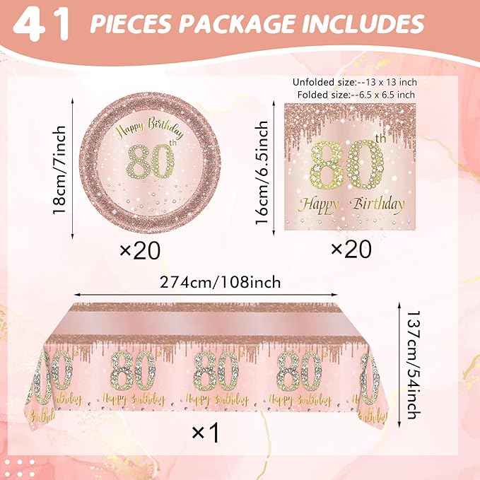 Ryzovo 41Pcs 80th Birthday Decorations, Rose Gold Birthday Party Supplies Include 20Pcs Plates 20Pcs Napkins and 1Piece Tablecloth, Sweet Eighty Year Old Birth Party Tableware for Girl Ladies Women