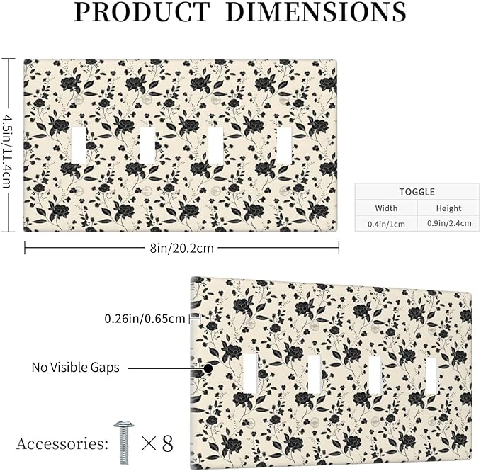 Black Rose Dark Romance Wildflowers Floral Light Switch Covers Quad Toggle Electrical Faceplate 4 Gang Wall Plate Decorative Switch Plates Cover for Bedroom Living Room Decor