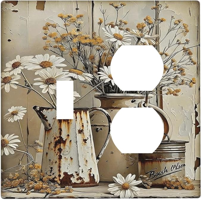Rustic Flowers Daisy Floral White Wooden Planks Wallplates 1 Toggle 1 Duplex Switch Plate Electrical GFCI Faceplate Decorative Light Switch Covers for Farmhouse Home Decor