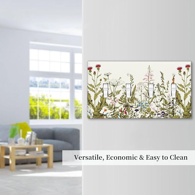 Country Vintage Wild Flowers Boho Floral 4 Gang Quadruple Toggle Light Switch Plate and Outlet Covers, Colorful Wildflower Border Botany Quad Device Toggle Decorative Electrical Socket Face Wall Plate