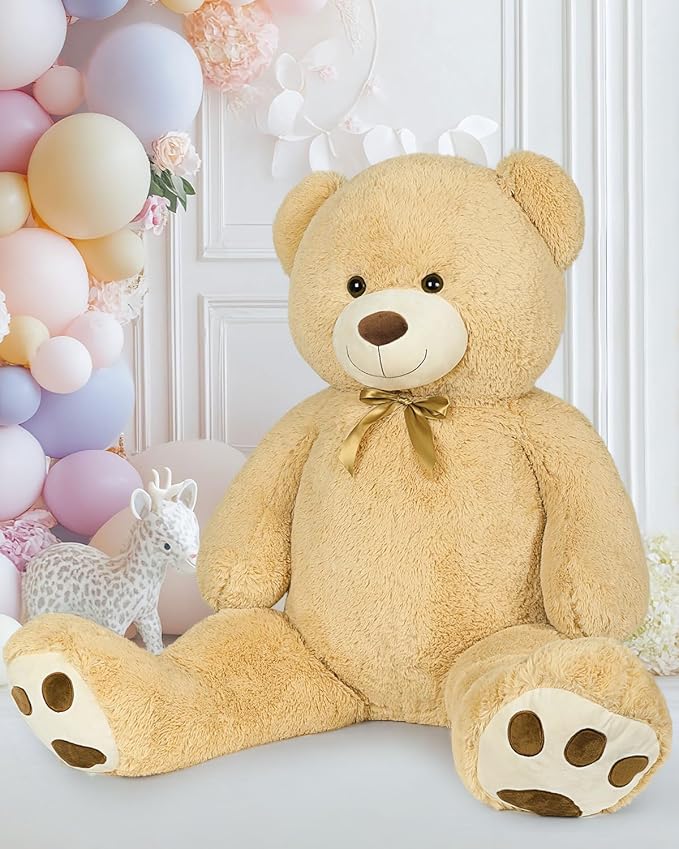 MaoGoLan Giant Teddy Bear Stuffed Animal, 52" Large Tan Teddy Bear Plush Toy with Cute Bow Tie & Footprints, Soft Sunggle Bear Plushies Gift for Kids Grilfriend Wife on Christmas Birthday Baby Shower