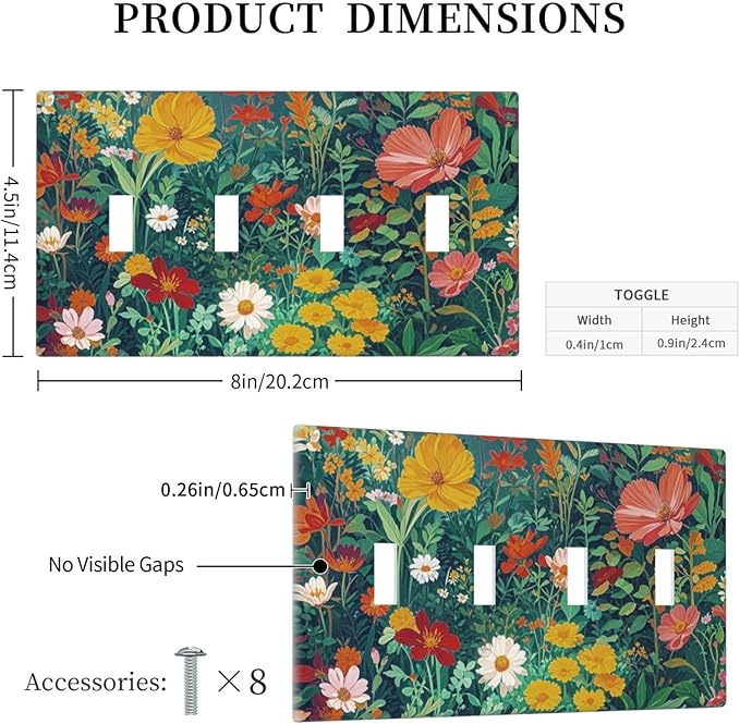 Decorative Switch Plate Cover with Wildflowers & Stars Botanical Floral Art Design 4 Gang Artistic Wall Plate Unique Quad Toggle Light Switch Covers for Garden Theme Wall Decor