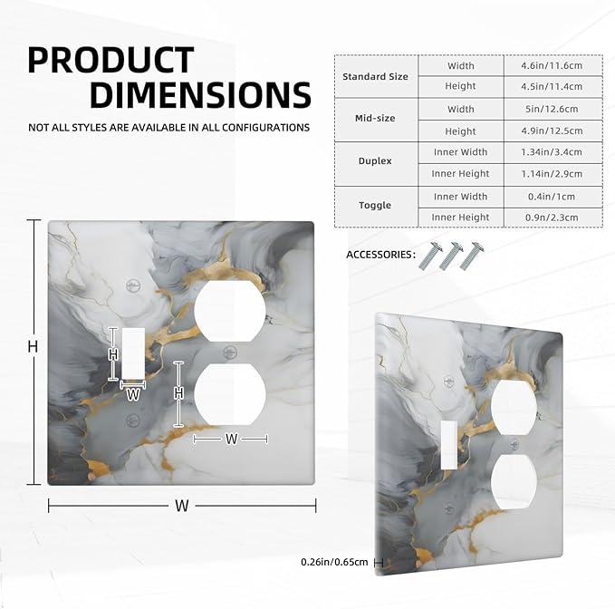 Gold Marble Grey Art Abstract Luxury Print Wallplates 1 Toggle 1 Duplex Switch Plate Electrical GFCI Faceplate Decorative Light Switch Covers for Kitchen Bathroom Decor