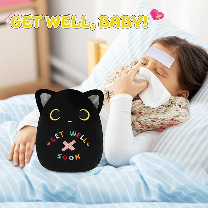Black Cat Plush, 8 inch Get Well Soon Stuffed Cat Plushie Feel Better Gift Get Well Gift for Kids Women, Cute Plushies Huggable Kitten Pillow for After Surgery Recovery, Cat Lover Gifts